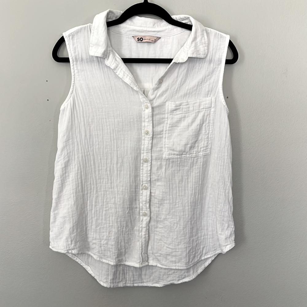 White 100% Cotton Sleeveless Button-Down Shirt Size M